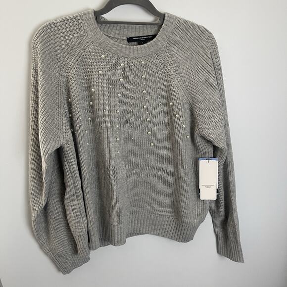 French Connection Women's Embellished Pearl Crewneck Pullover Sweater Gray Large - Picture 5 of 16
